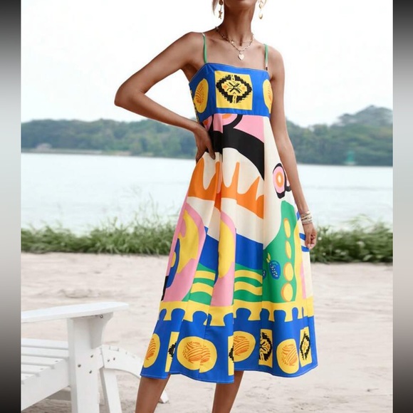 New Vibrant Abstract Geo Print Smocked Shirred Back Cami Dress - Picture 3 of 7